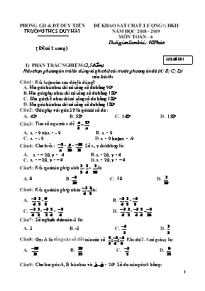 Đề khảo sát chất lượng giữa học kỳ II môn Toán Lớp 6 - Mã đề 001 - Năm học 2019-2020 - Trường THCS Duy Hải